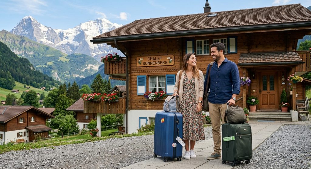 pareja con maletas suiza