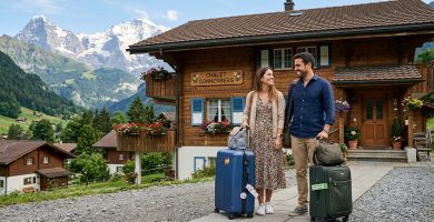 pareja con maletas suiza
